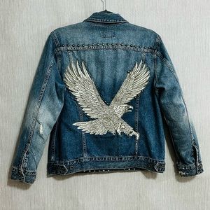 Lucky Brand The Tomboy Trucker Distressed Studded Eagle Embroidered Denim Jacket